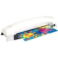 White Fellowes Lunar A3 laminator with curved design, laminating colorful artwork.