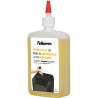 Clear bottle of Fellowes Powershred Lubricant, 355ml, with red nozzle and label showing shredder illustration.
