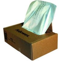 Cardboard box of Fellowes Shredder Bags 165 Litres with a translucent bag protruding from the top.