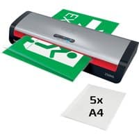 GBC 250HS Office A3 Laminator, sleek silver and black design, laminating green sheets, includes 5x A4 pouches.