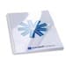 White binder with a glossy finish, featuring a blue and white design with geometric shapes and the GBC logo prominently displayed on the front cover.