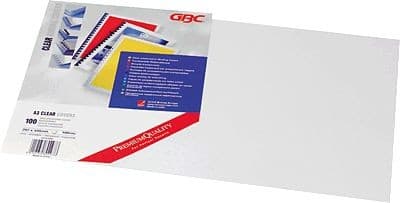 Clear A3 binding covers made of 180 micron material, packaged in a pack of 100, featuring the GBC logo and product details on the back.