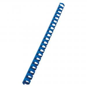 Blue plastic binding comb, 16mm in diameter, designed for document binding, featuring multiple circular holes along its length, packaged in a set of 100.
