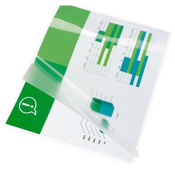 Clear A4 lamination pouch by GBC, featuring a glossy finish and a 75-micron thickness, with a green and white design and a partially opened edge displaying printed charts.