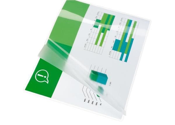 Clear, glossy A4 lamination pouch with a thickness of 125 microns, featuring a partially opened edge and displaying colorful graphs and charts inside.