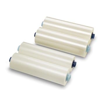 Clear, glossy laminating film rolls, 75 microns thick, measuring 305mm x 75m, featuring blue end caps for easy installation, packaged in a set of four rolls.