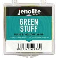 Clear plastic case with Jenolite Green Stuff epoxy putty roll, blue and yellow strip, 36 inches long.