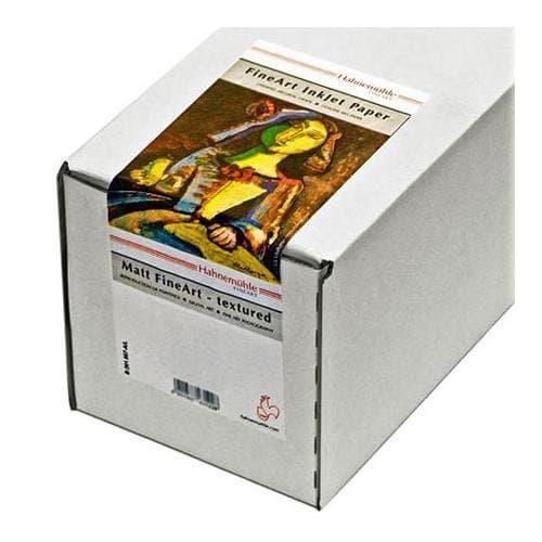White box containing Hahnemühle Albrecht Dürer textured fine art inkjet paper, featuring a colorful label with artwork and product details, measuring 210 cm x 36 in, 210 gsm.