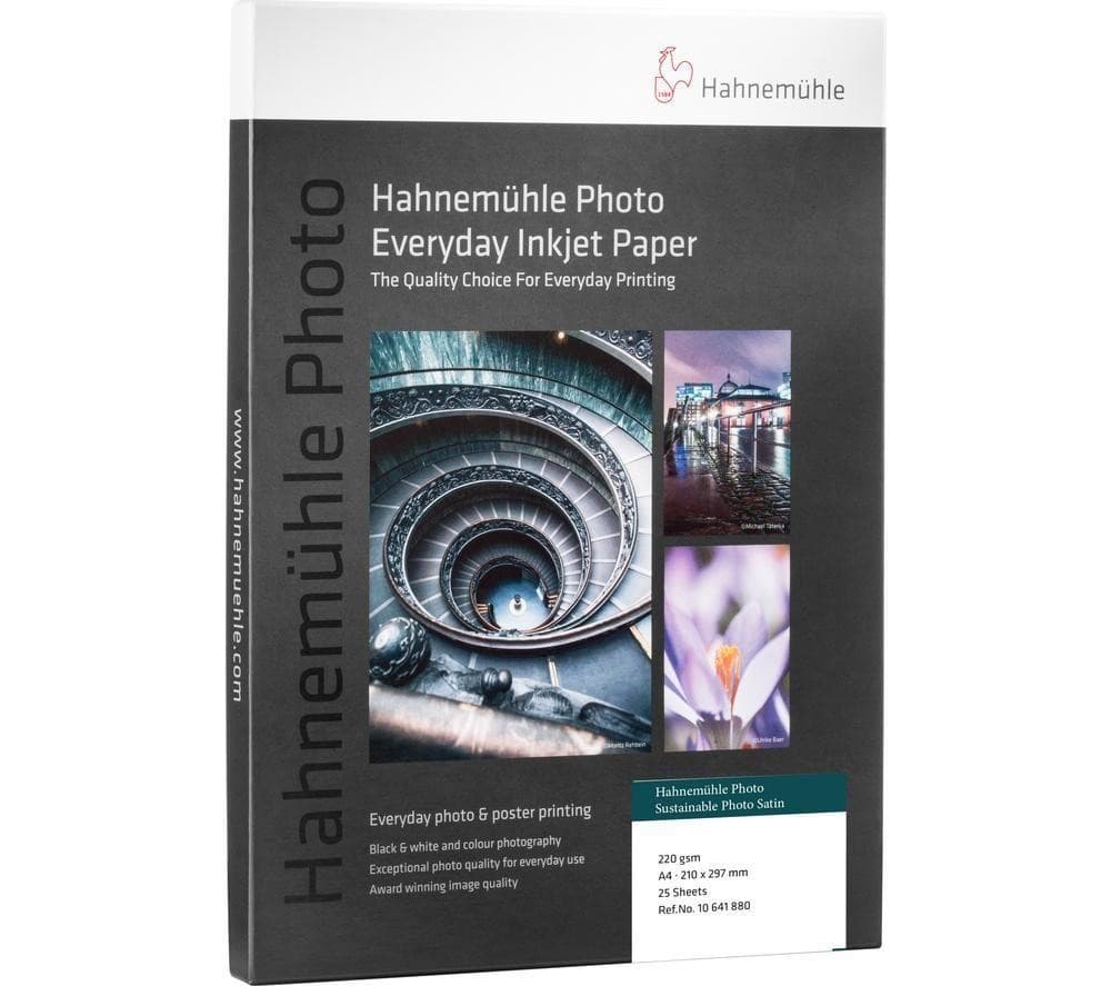 Hahnemühle Sustainable Photo Satin A4 paper pack, featuring a sleek white cover with colorful photography examples, emphasizing its quality for everyday inkjet printing.