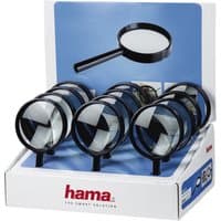 Black Hama Basic 75 magnifier with 1.75x magnification, round lens, and ergonomic handle in a display box.
