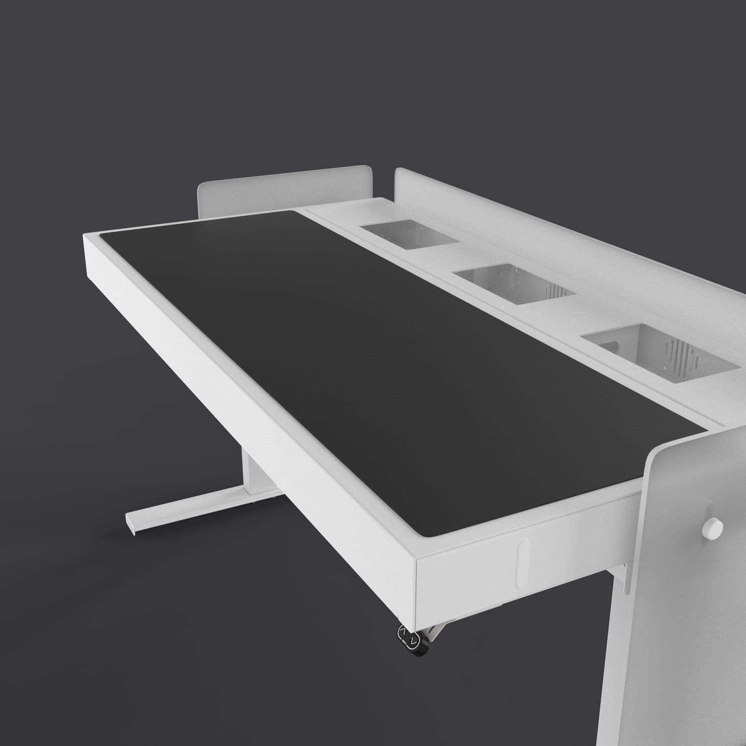 White lectern with a black protective cover, featuring a flat surface and three cut-out compartments for storage, designed for durability and style.