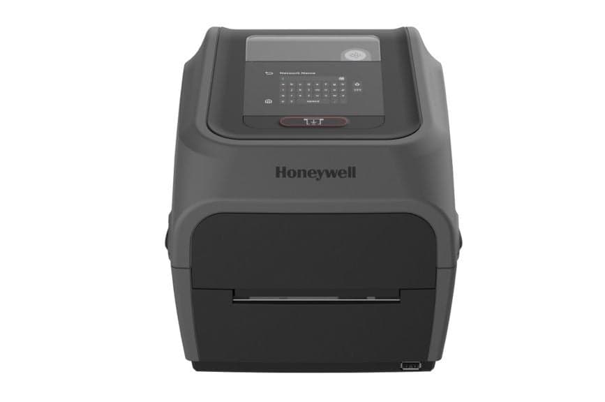 Honeywell PC45T thermal transfer label printer in sleek black with a top control panel, wireless capability, and a compact design for efficient labeling at 203 x 203 DPI.