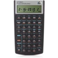 HP 10bII+ financial calculator, black with gray display, multiple buttons labeled with numbers and financial functions.