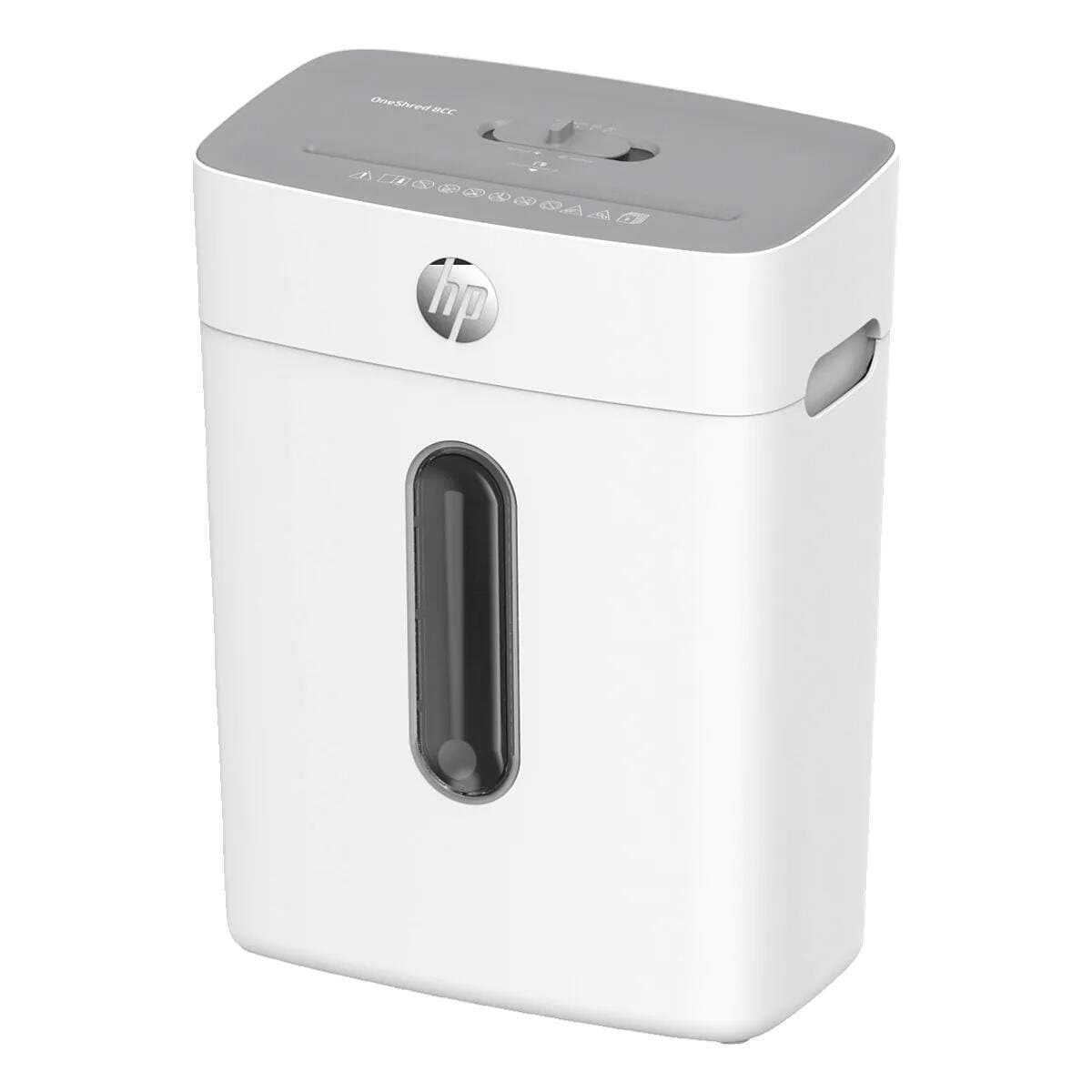 Compact white paper shredder with a gray top, featuring a transparent window to view shredded paper, and control buttons on the front for easy operation.