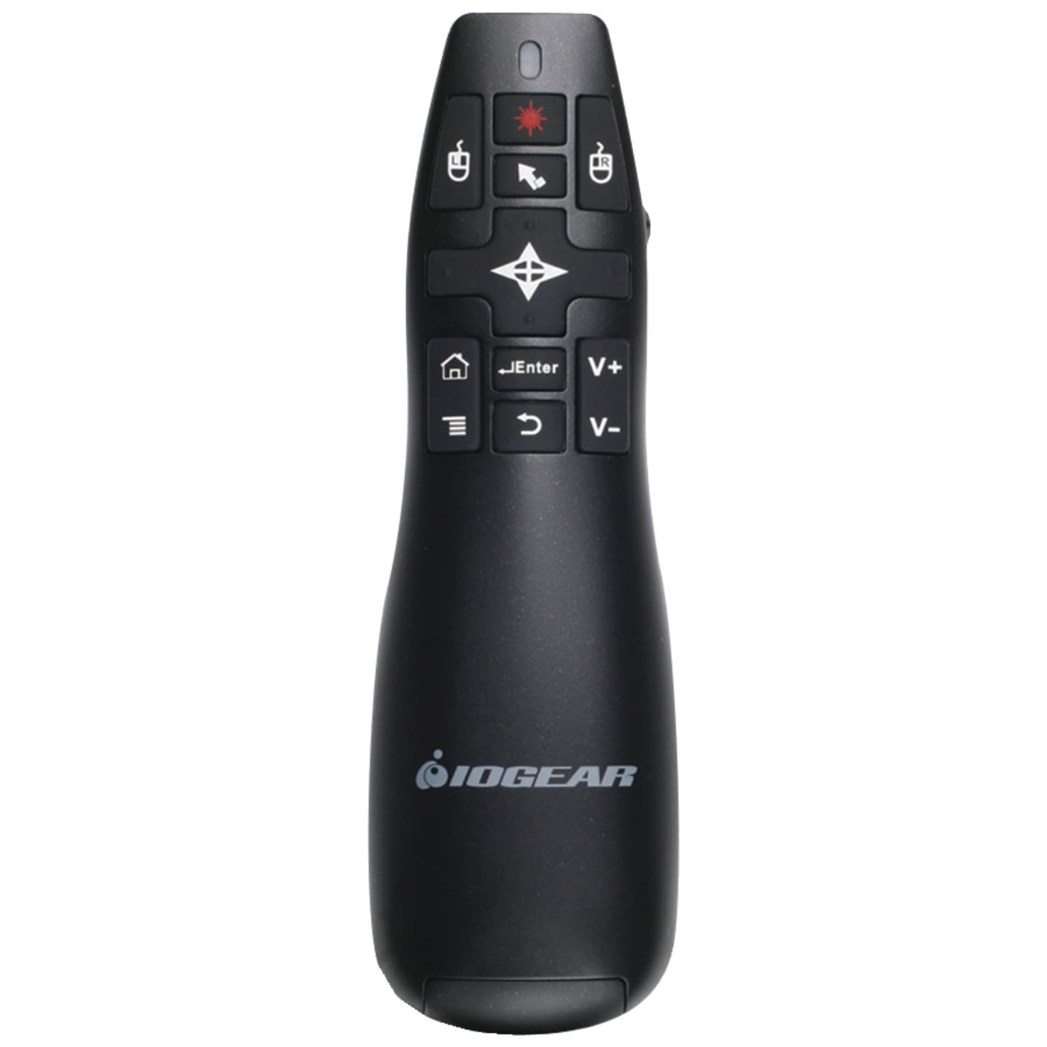 Black wireless presenter mouse featuring a red laser, multiple buttons for navigation, and a sleek ergonomic design, with the IOGEAR logo prominently displayed.