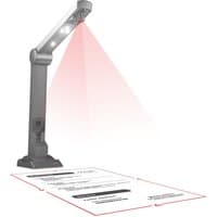 Kodak Alaris A4 PRIMEflash grey document camera with USB 2.0, adjustable arm, and LED lights scanning a document.