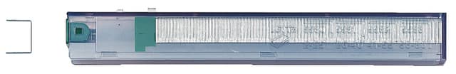 Transparent cartridge containing strong steel staples, featuring a green end cap, designed for the Leitz K10 stapler, with a capacity of 1050 staples and a length of 10 mm.