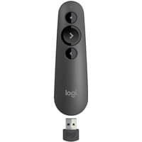 Black Logitech R500 laser presentation remote with three buttons and USB receiver.