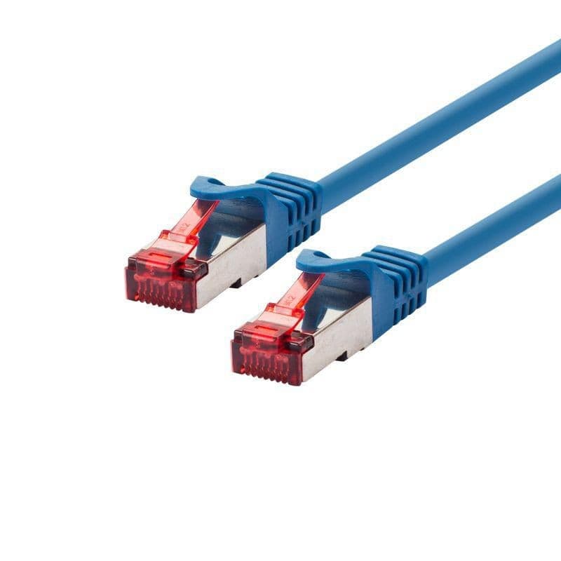Blue Ethernet cable with two red plastic connectors, designed for professional networking, featuring a durable material and a length of 30 meters.