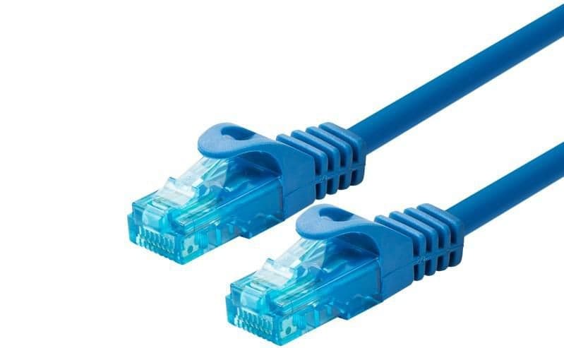 Bright blue Ethernet cable, 1.5 meters long, featuring transparent connectors with locking tabs on both ends for secure connections.