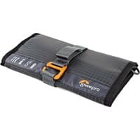 Grey Lowepro GearUp Wrap organizer with nylon exterior, orange buckle, and multiple pockets for accessories.