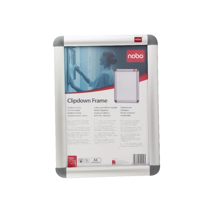 Nobo silver document holder featuring a clip-down frame design, with a sleek finish and dimensions of 340 mm height and 250 mm width, suitable for A4 documents.