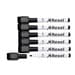 Six black mini whiteboard marker pens with a magnetic eraser, featuring a sleek design and Nobo branding, arranged neatly in a pack.