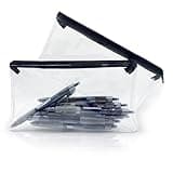 Clear PVC pencil case with black zipper, see-through design, containing pens and pencils, ideal for exams.