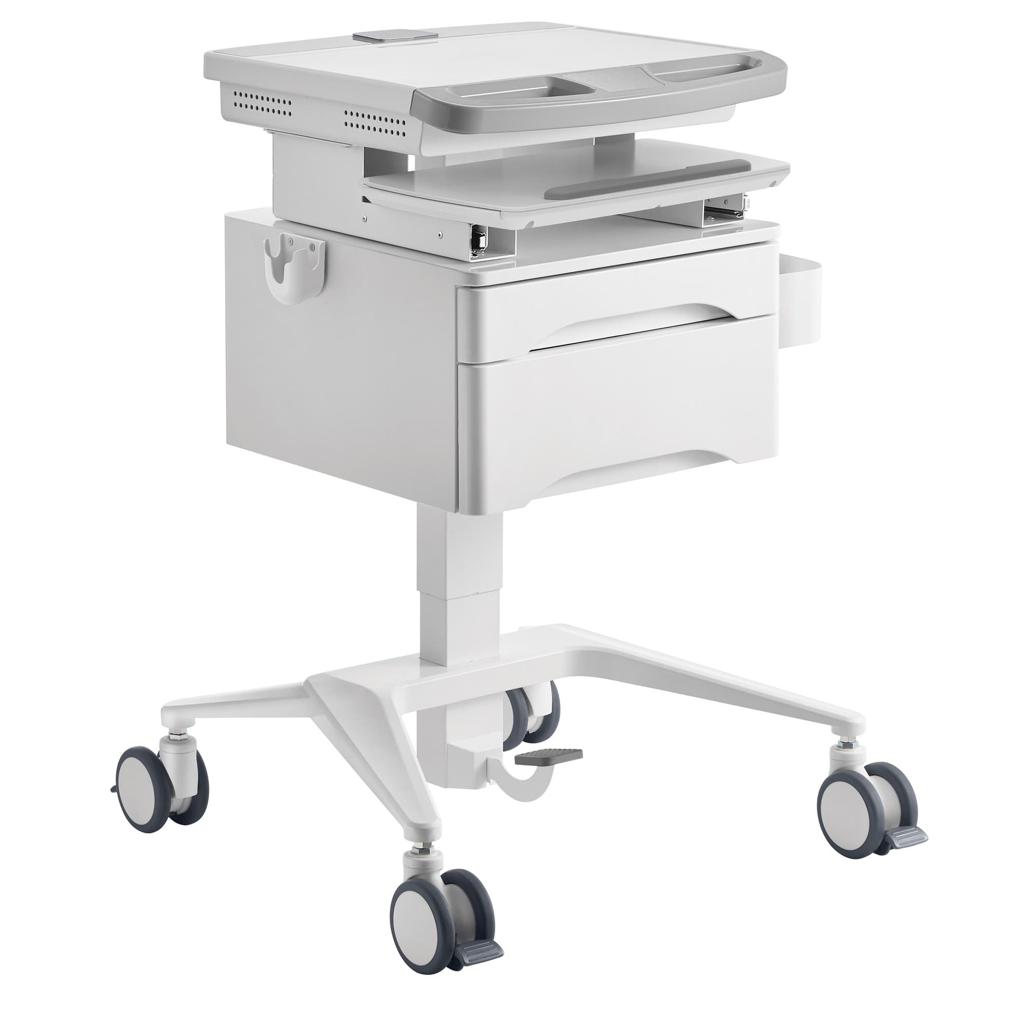 White mobile workstation trolley cart with two drawers, pneumatic height adjustment, and four rolling wheels for easy mobility.