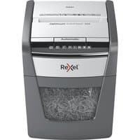 Gray Rexel Optimum AutoFeed+ 50X paper shredder with cross shredding, clear bin, and control panel on top.