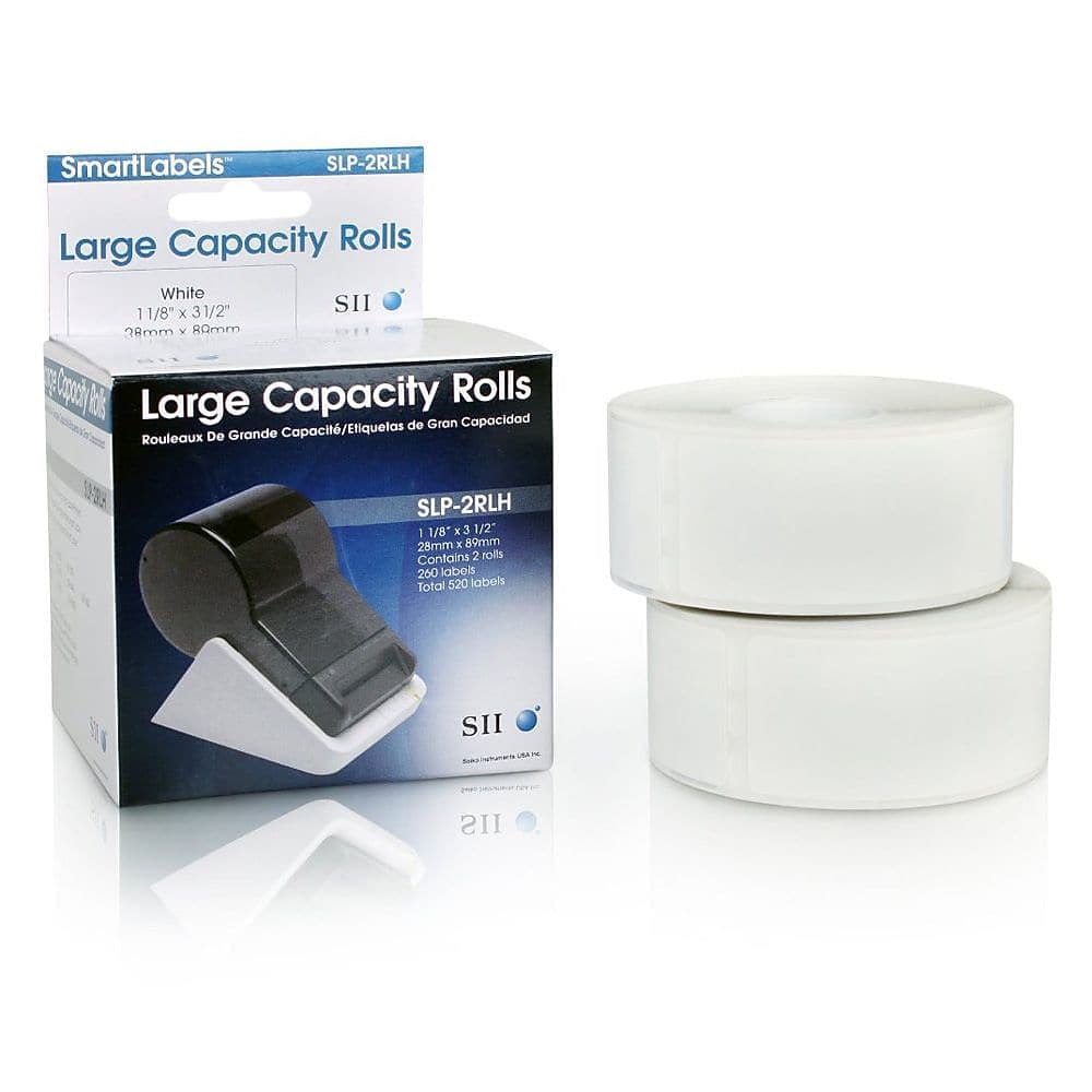 White addressing label rolls in a box, featuring a black label dispenser, with two large capacity rolls measuring 1.1" x 3.5". Total of 240 labels included.