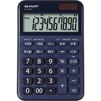 Blue Sharp EL-M335 desktop calculator with large LCD display and white buttons.