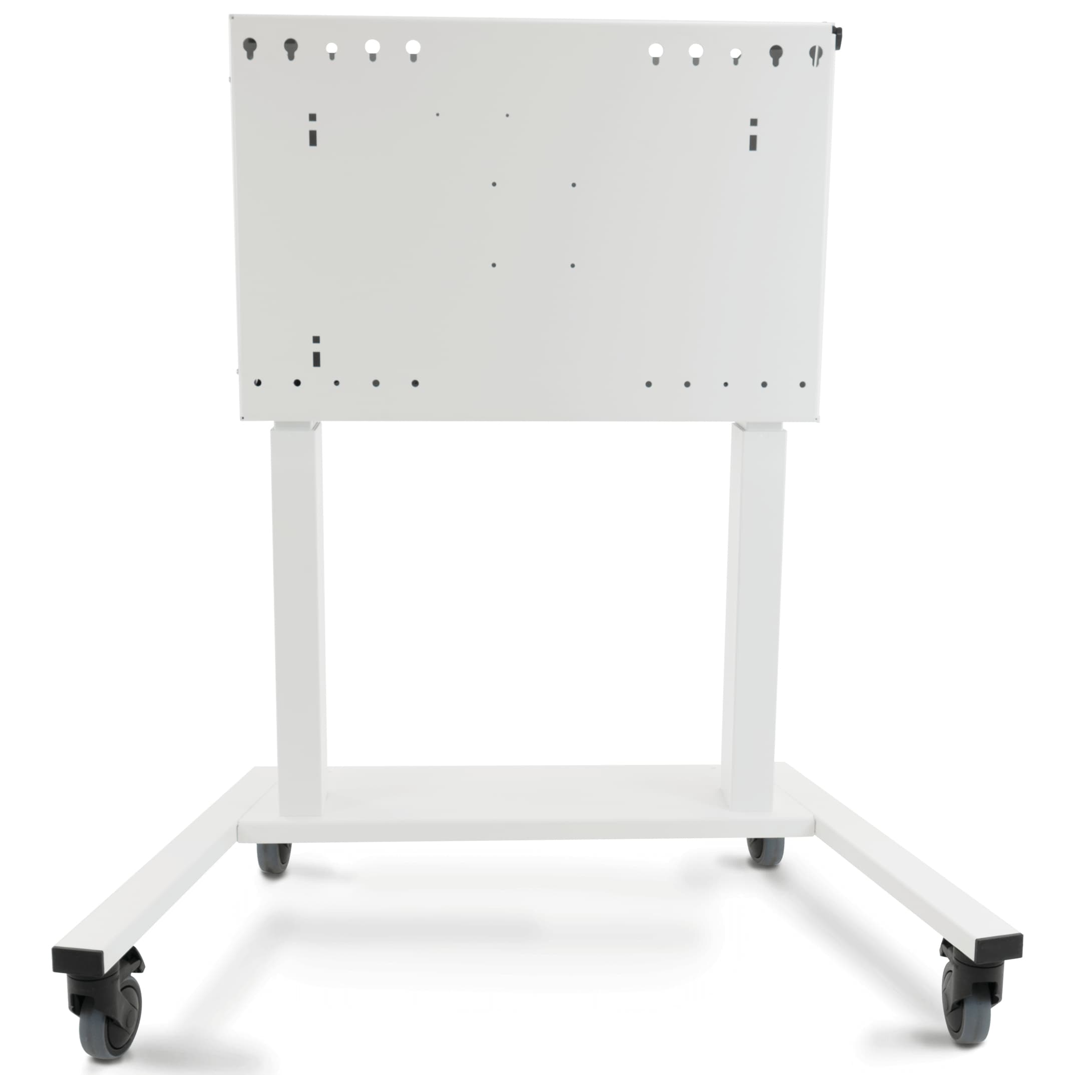 White metal interactive whiteboard accessory mount with a flat surface, adjustable height, and four wheels for mobility, featuring multiple mounting holes on the back.