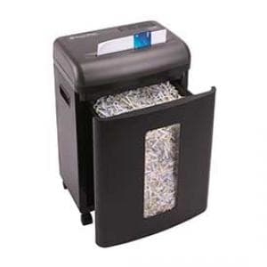 Black cross-cut shredder with a transparent front panel displaying shredded paper inside, featuring a top feed slot and wheels for mobility.