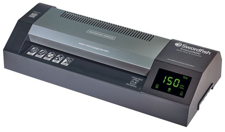 Swordfish Armoured 660D Heavy Duty A3 Laminator in black and silver, featuring a digital display, control buttons, and a sleek design for professional laminating tasks.
