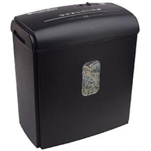 Black cross-cut shredder with a transparent window showing shredded paper inside, featuring a top control panel and a compact design for home or office use.