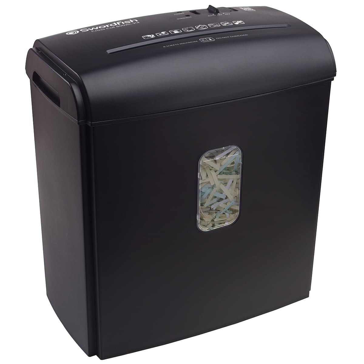Black cross-cut shredder with a transparent window showing shredded paper, featuring a top control panel with buttons and a sleek, modern design.