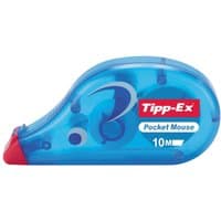 Blue TIPP-EX Pocket Mouse correction tape, 10 meters, with red tip, transparent casing showing internal mechanism.