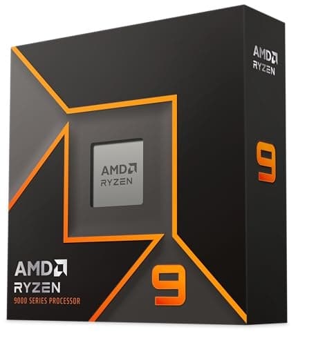 Black box with orange accents featuring the AMD Ryzen logo and "9" prominently displayed, containing the Ryzen 9 9950X processor with a sleek silver and gray design.