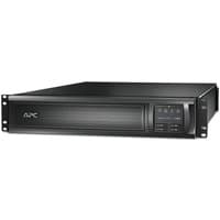 Black APC Smart-UPS with LCD display, rack-mountable design, 8 C13 and 1 C19 outlets, USB port, expandable runtime.