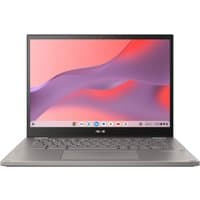 ASUS Chromebook CX34 Flip, grey, 14" touchscreen, slim design, backlit keyboard, ChromeOS interface displayed.