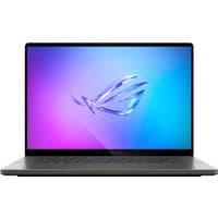 Grey ASUS ROG Zephyrus G16 laptop with 16" display, sleek design, backlit keyboard, and metallic finish.