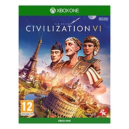 Cover art for "Civilization VI" features colorful illustrations of historical figures and landmarks like the Eiffel Tower and Colosseum, set against a vibrant blue background.