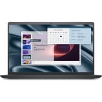 Dell Pro 15 laptop, black, 15.6" screen, sleek design, Windows 11 interface visible, thin bezels, AMD Ryzen 5.