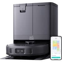 Eufy X10 Pro Omni robot vacuum and mop, sleek black design, with all-in-one station and smartphone app display.
