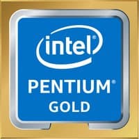 Intel Pentium Gold G6405 processor badge, blue square with white Intel logo and text, gold border.