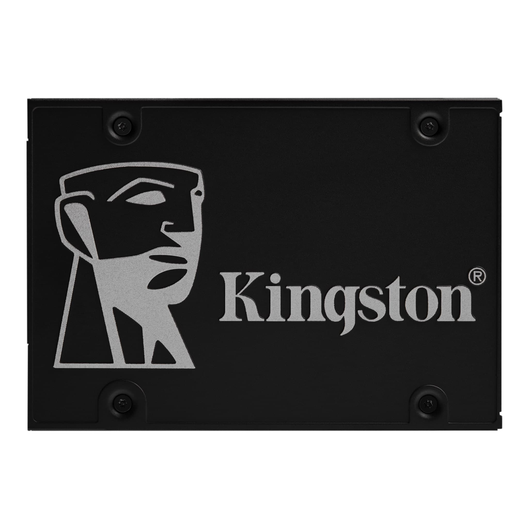 Black 2.5" internal SSD with Kingston logo and stylized face design, featuring 2TB capacity, SATA 6Gb/s interface, and 256-bit AES-XTS self-encryption technology.