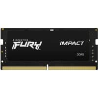 Black Kingston FURY Impact DDR5 SODIMM module with white logo and gold contact pins, part of a 64GB 5600MT/s kit.
