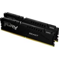 Black Kingston FURY Beast 32GB DDR5 RAM kit, two modules with sleek heat spreaders and white branding.