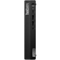 Black Lenovo ThinkCentre M70q Gen 5 Mini PC with vertical ridges, USB ports, and power button on front panel.
